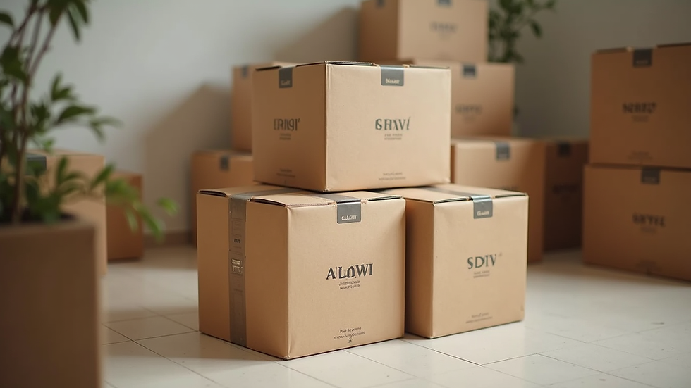 Eye-level view of packed moving boxes labeled and stacked neatly