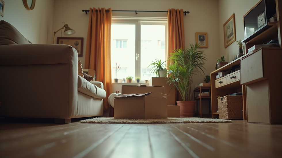 Eye-level view of a cluttered living room filled with boxes and furniture