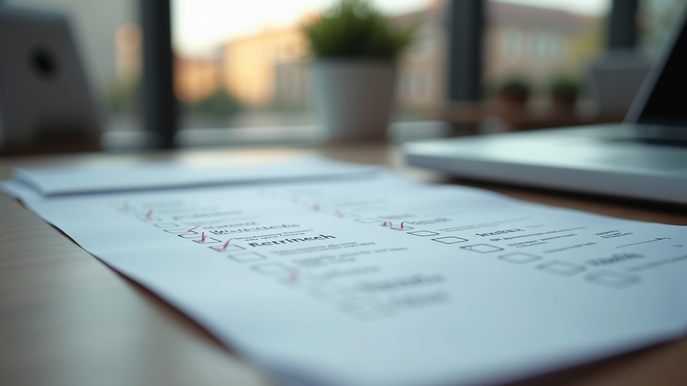 Eye-level view of a table with organized documents and a checklist