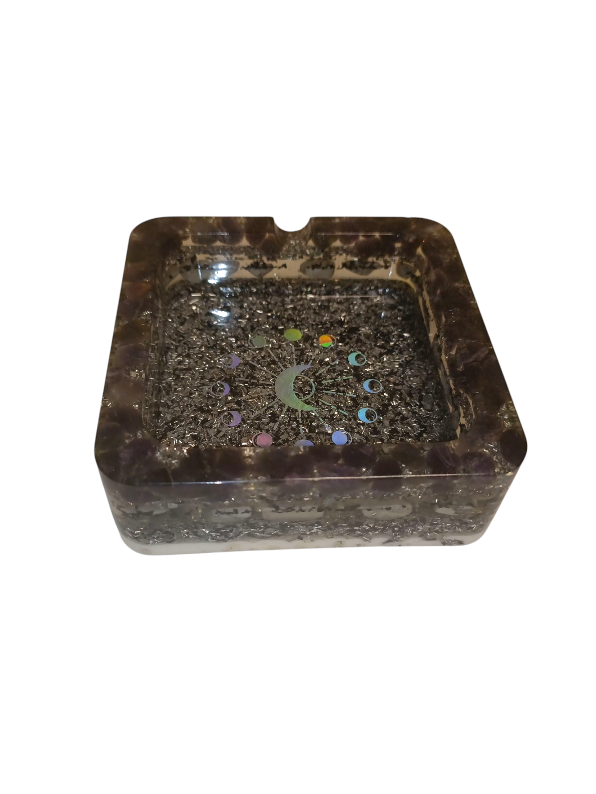 Cendrier orgonite, améthyste howlite aluminium 