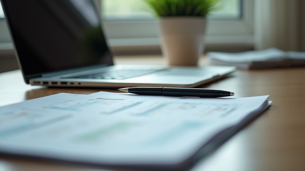 Eye-level view of a neat desk with a laptop and financial documents