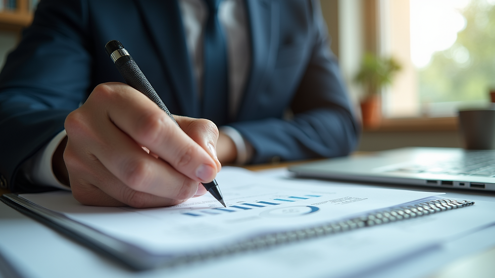 Close-up view of a business owner reviewing financial documents in an office