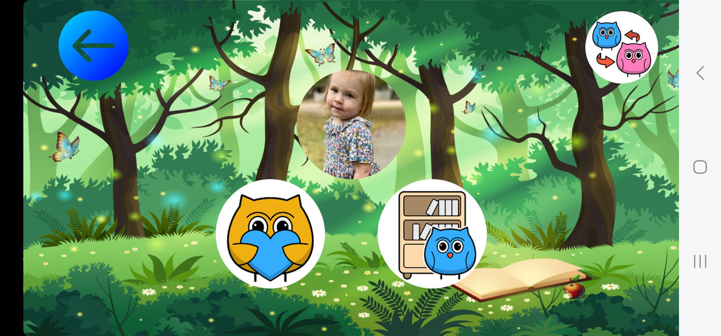Image is a screenshot of Storytime Owls app showing the child's personalize home page with navigation buttons.