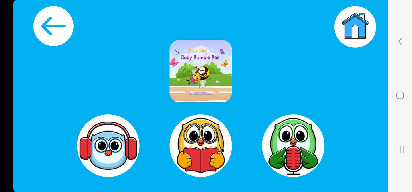 Image is of a screenshot of the Storytime Owls app, showing three buttons for the different reading modes a child can access. 