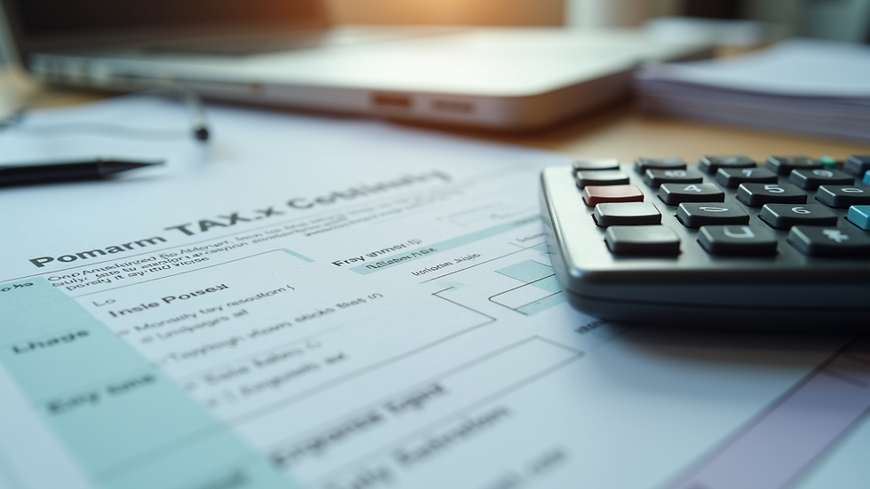 Close-up view of organized tax documents and calculator on a desk