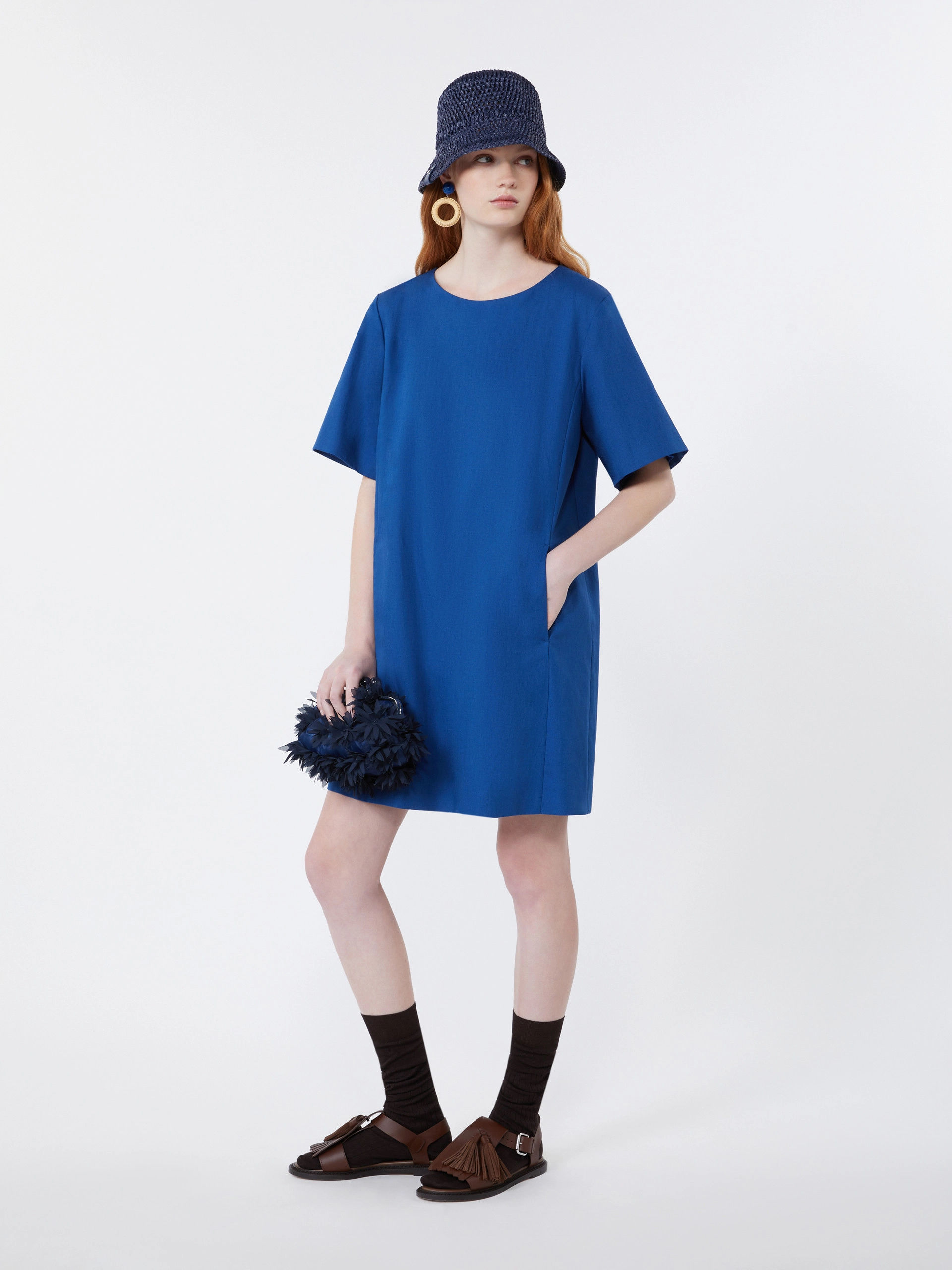 MAX MARA WEEKEND Abito corto in canvas di cotone e lino bluette T.42