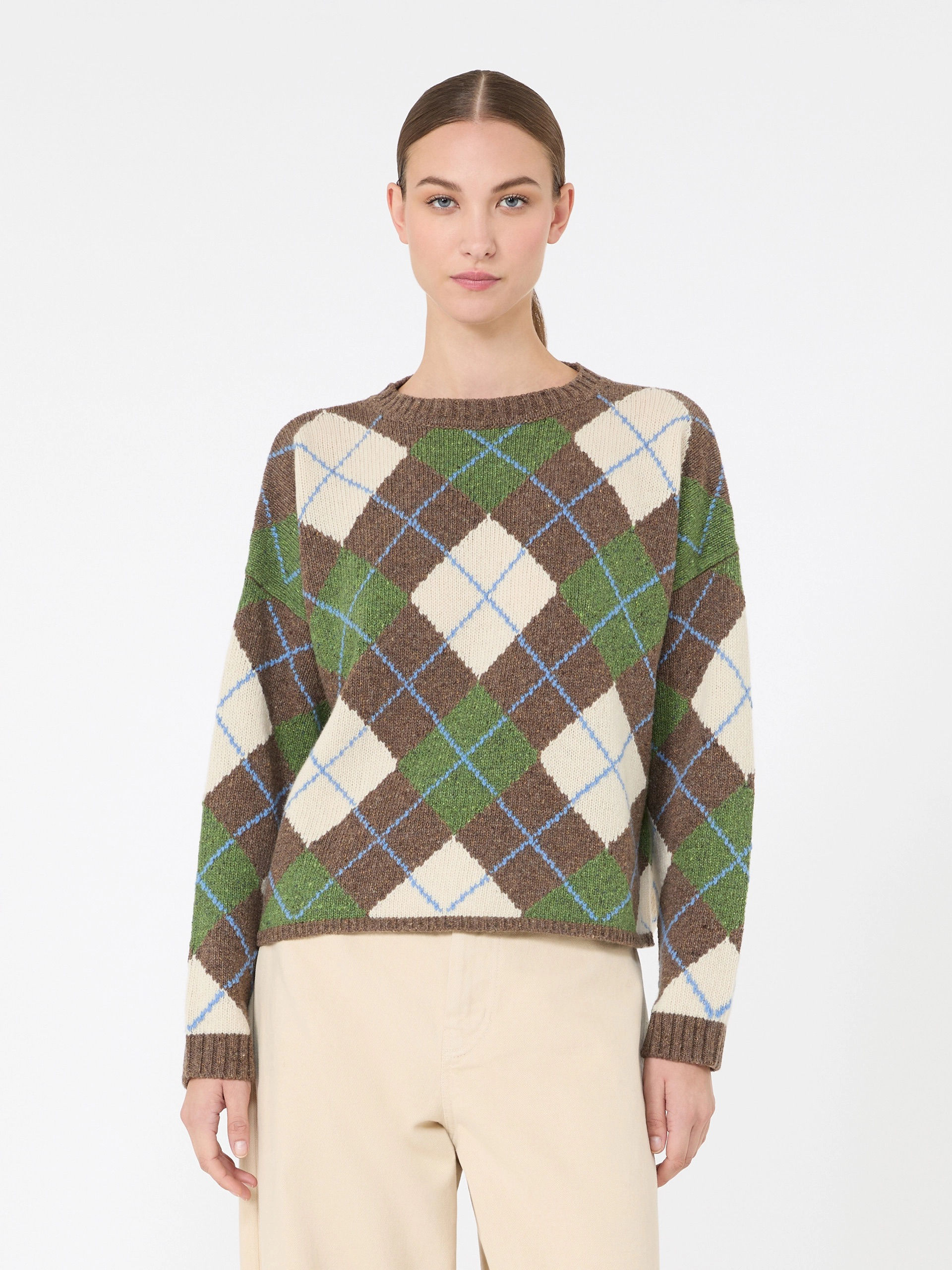 MAX MARA WEEKEND Maglia in filato di lana Argyle marron glacè e verde T. 42