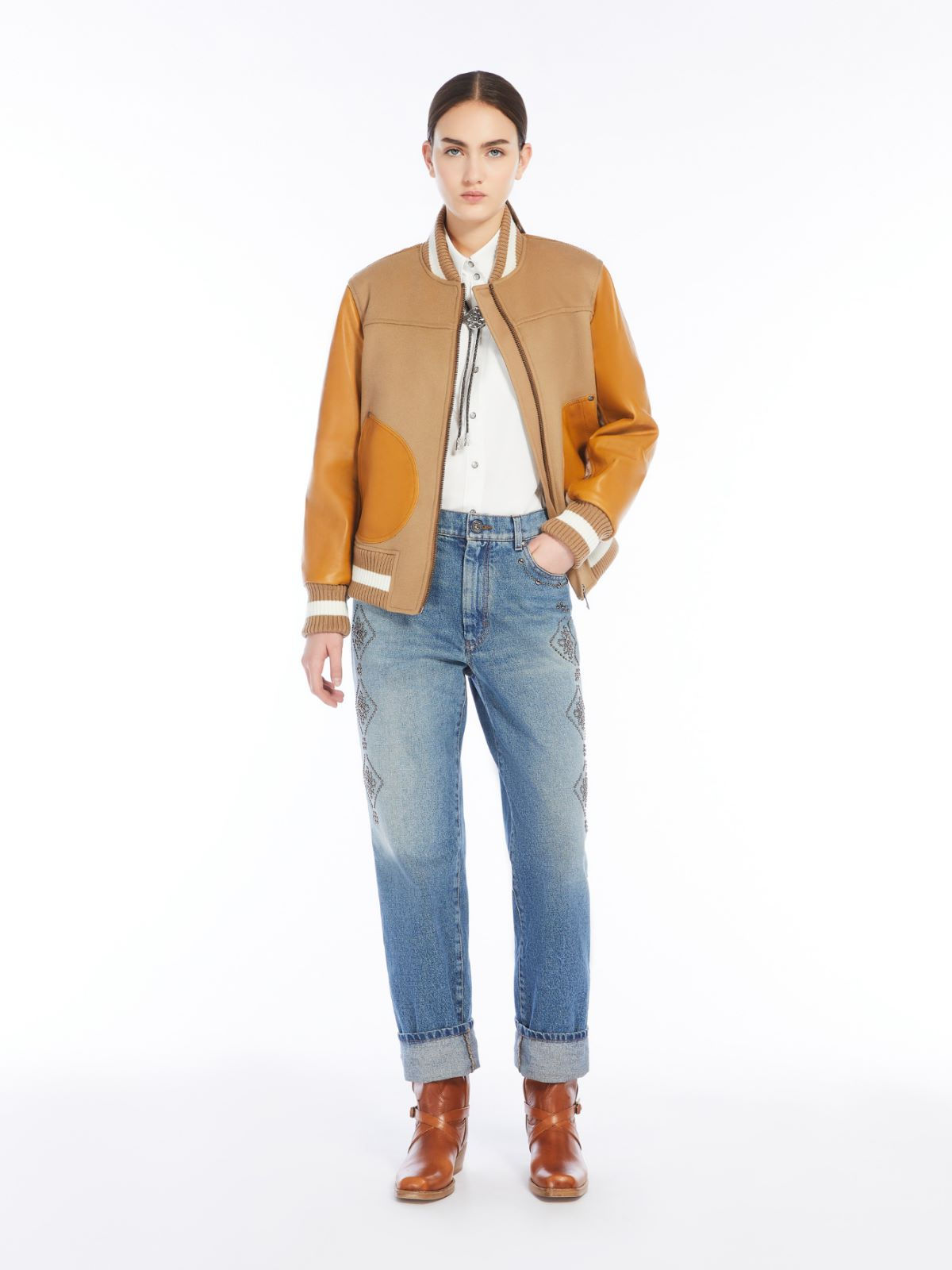 MAX MARA WEEKEND Bomber in lana, velluto e pelle cammello T. 42