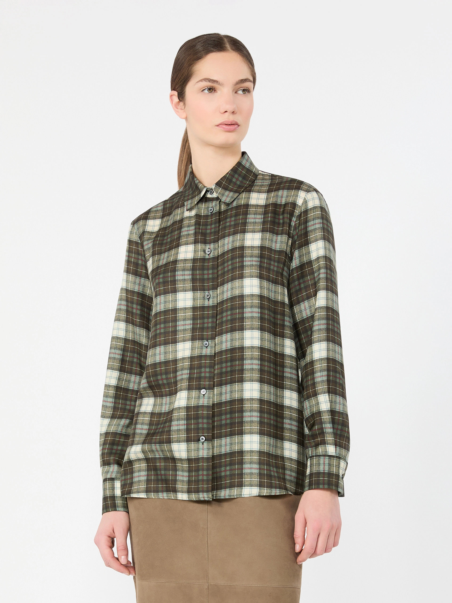 MAX MARA WEEKEND Camicia in twill di seta check kaki T. 42