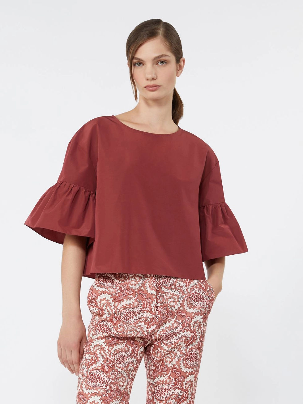 Thumbnail: MAX MARA WEEKEND Blusa crop in taffetà di cotone ciliegia T.42