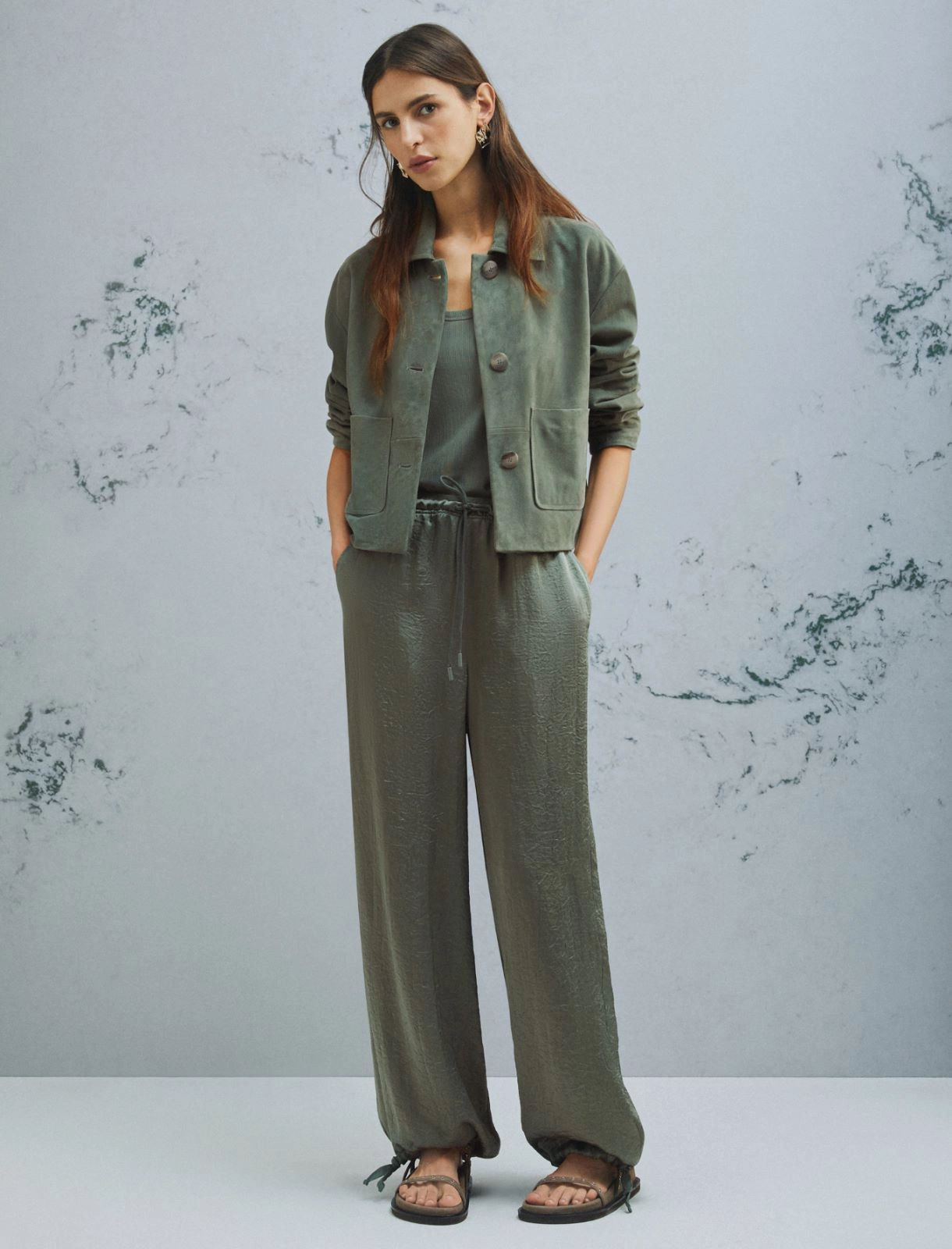 MARELLA MONOCHROME Jogger in twill crinckle verde T.42