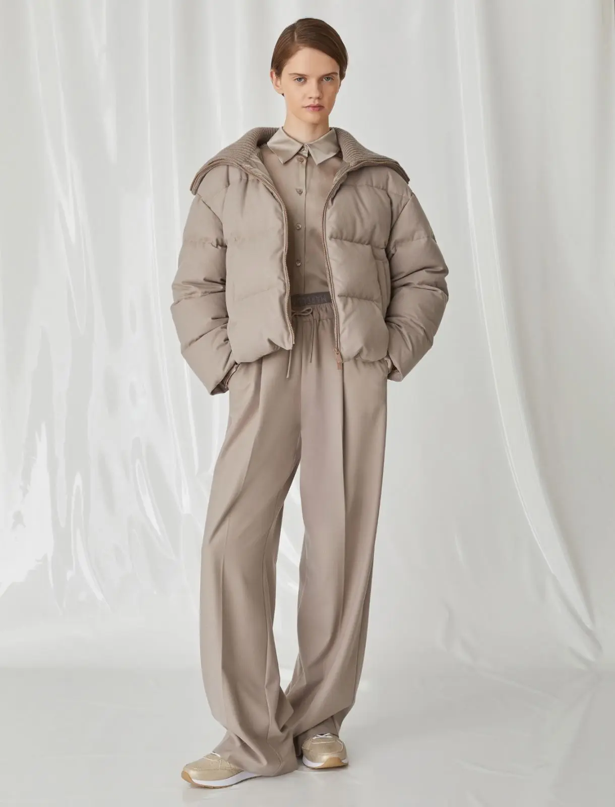 MARELLA Piumino con collo in maglia tortora T. 42