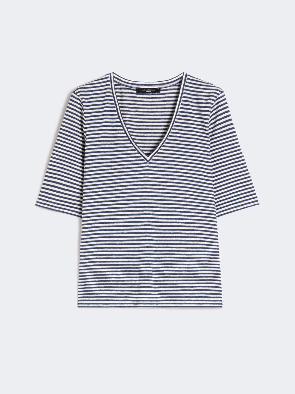 Miniatura: MAX MARA WEEKEND T-shirt a V in jersey di lino stretch blu T.42
