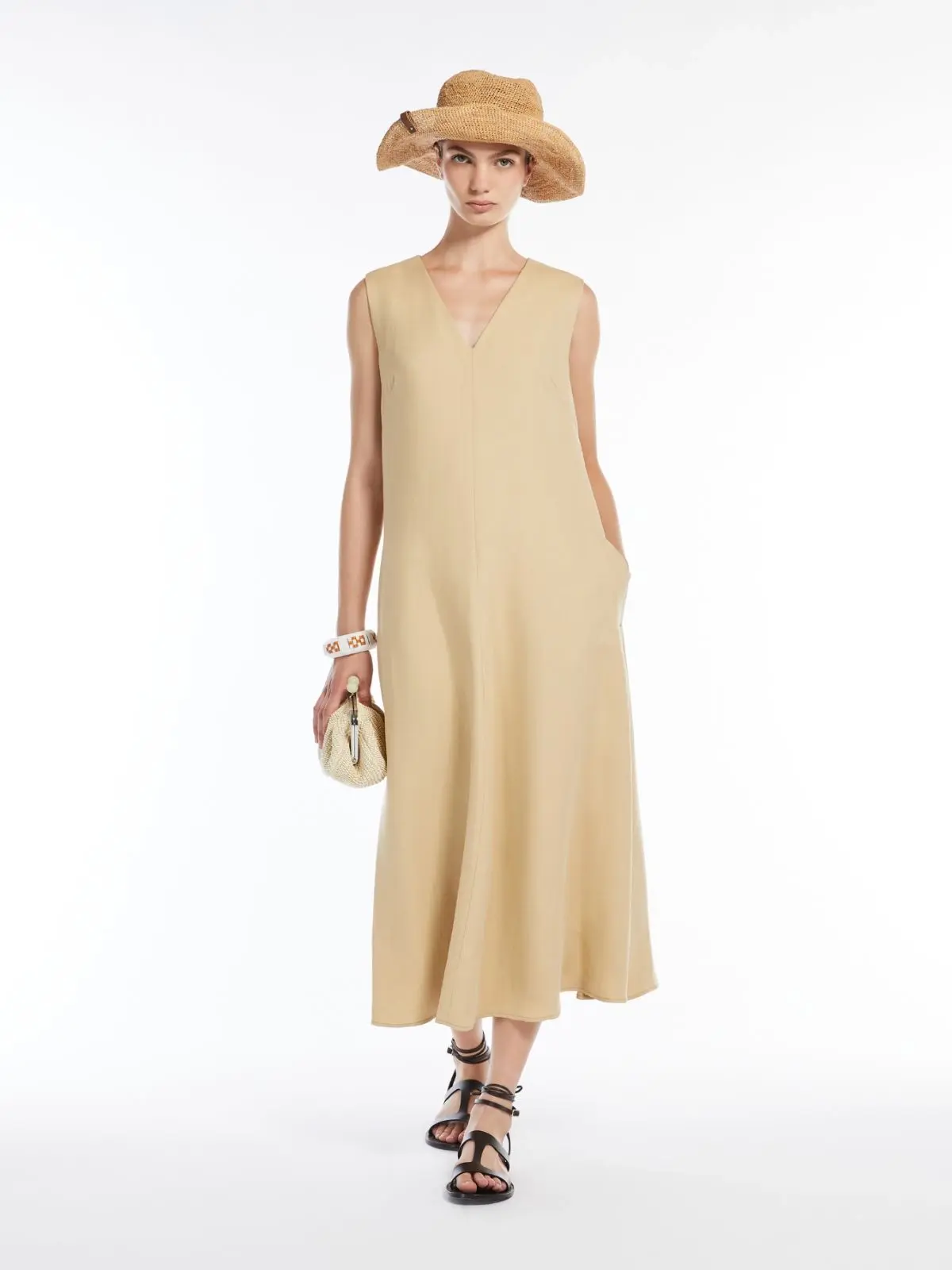 MAX MARA WEEKEND Abito svasato in cotone e lino sabbia T. 42