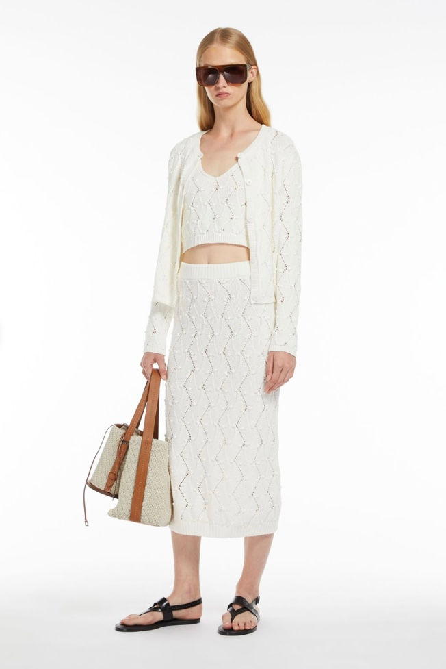 Thumbnail: MAX MARA STUDIO Cardigan in misto cotone Argyle bianco T. 42