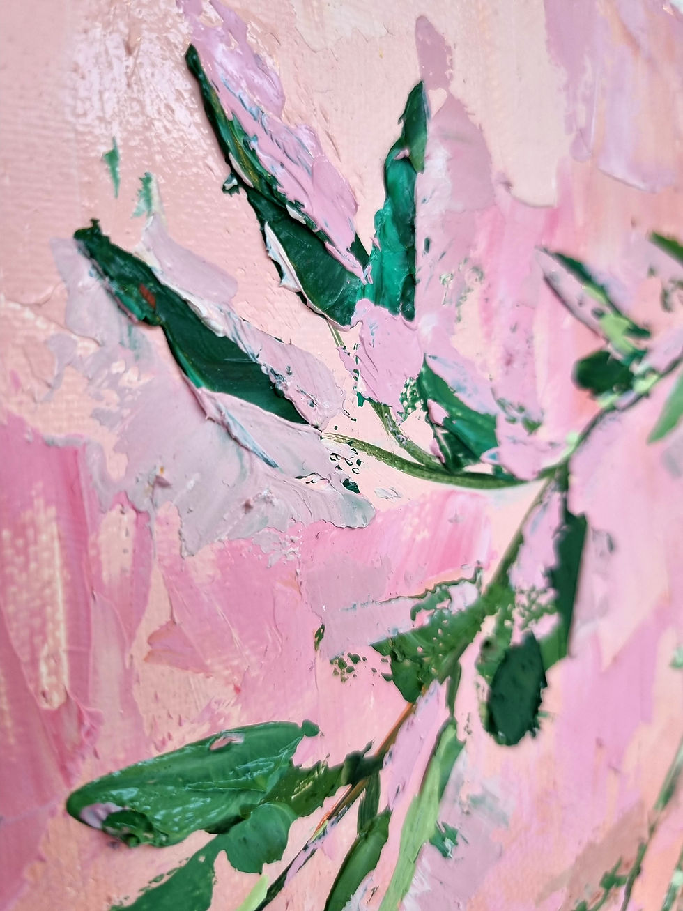Thumbnail: Colorful Floral Bouquet in Blue Vase oil painting in canvas detail leaves impasto