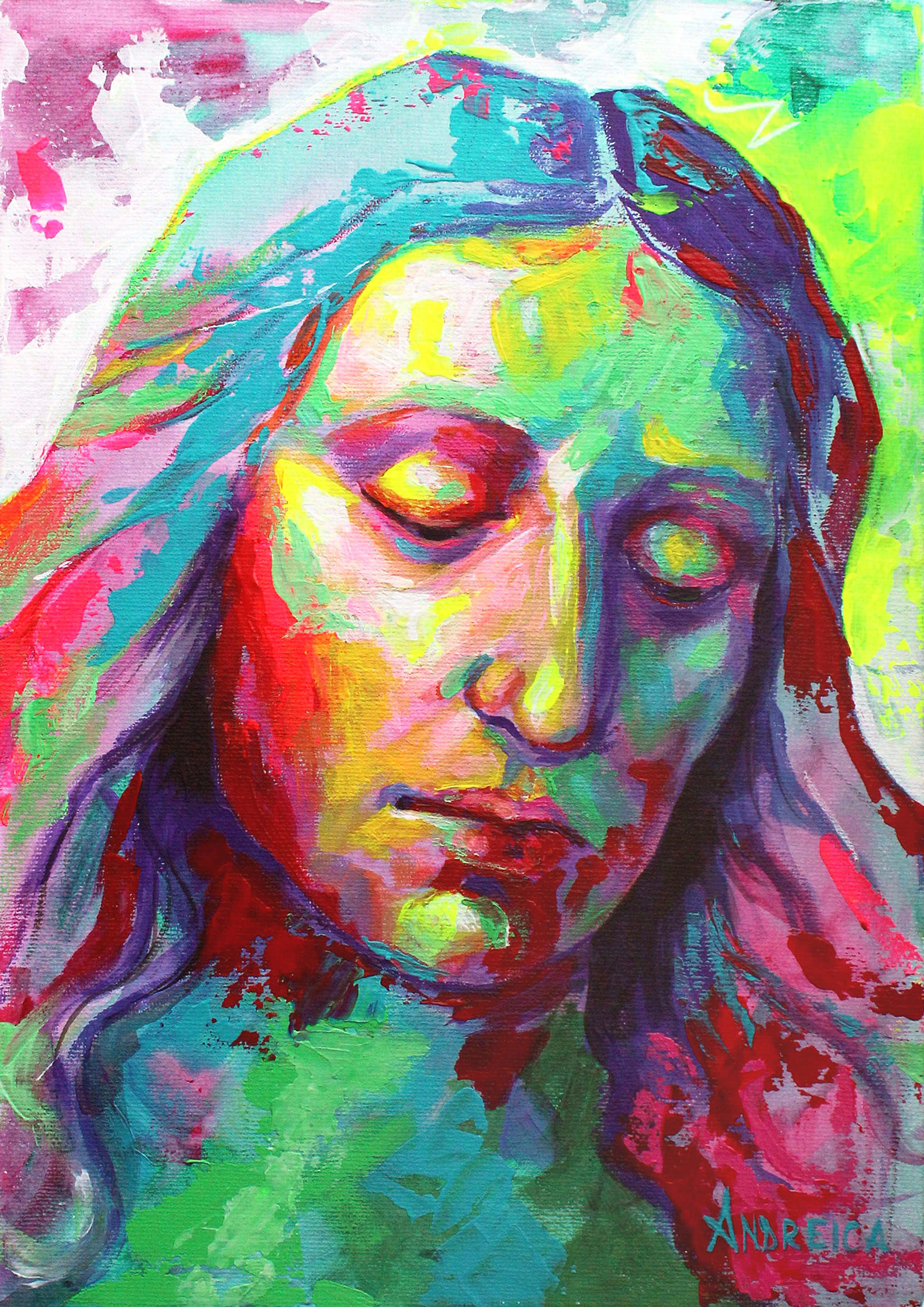 A vibrant, contemporary portrait of Jesus Christ, titled "Saviour of the World," inspired by the famous Last Supper