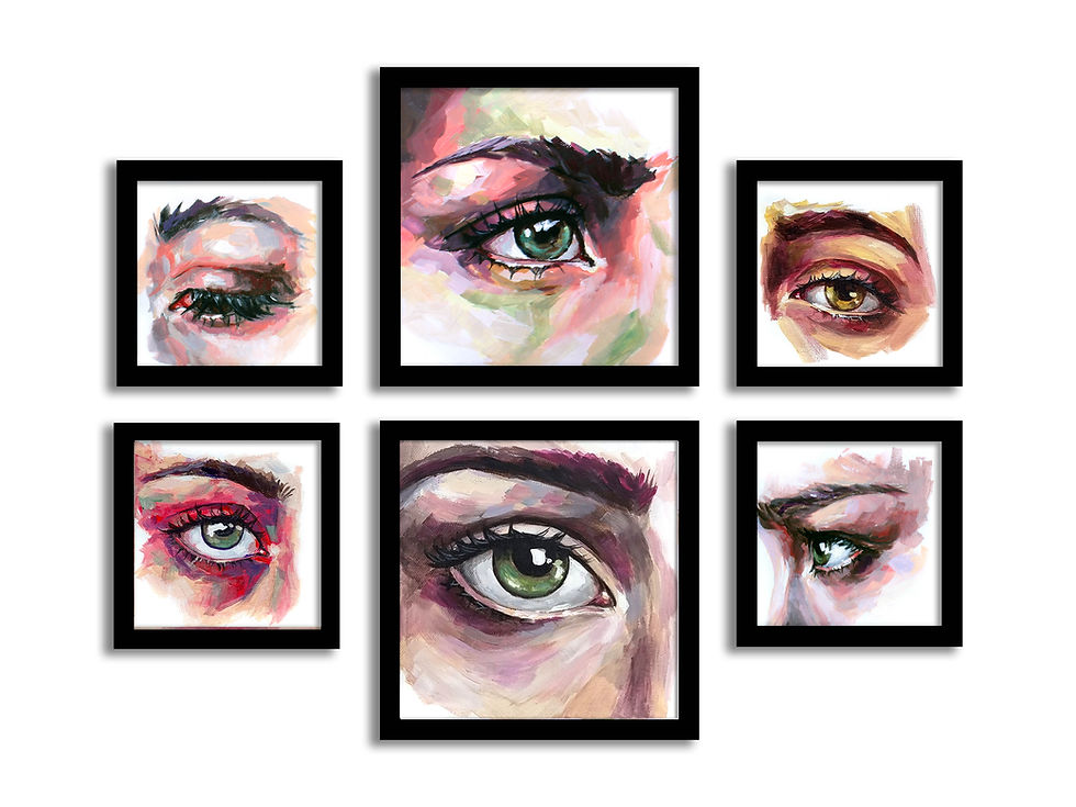 Thumbnail: Collection display showing six Eye Study series miniature original eye paintings in black frames