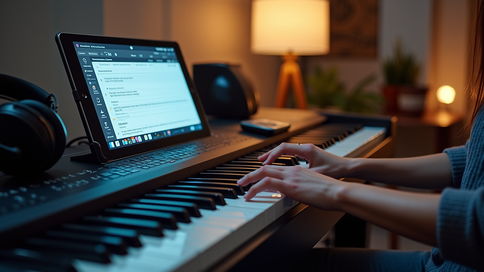 Eye-level view of a digital piano with headphones and a tablet showing a lesson