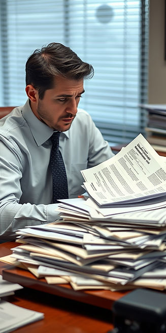 Employers desk loaded with legal documents. Employer looks stressed. clean office environm