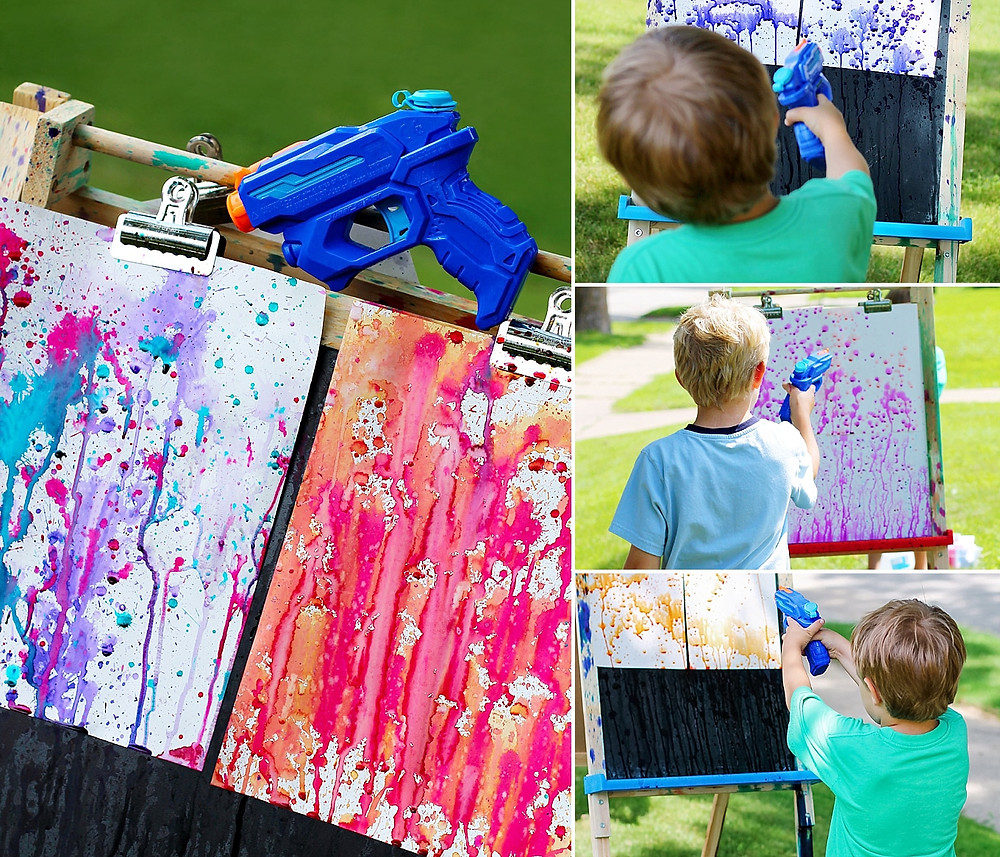 at home summer camp- squirt gun watercolor painting