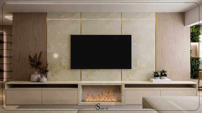 Maquete Eletrônica e Renderização de Arquitetura, Apartamento Sala de Estar Lareira Condomínio por JS Studio 3D