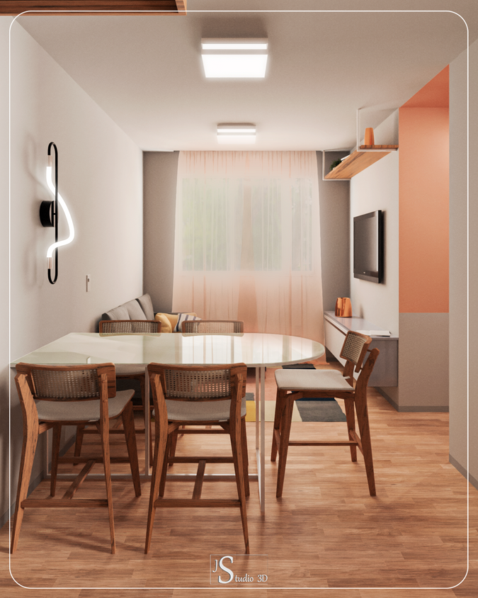 Maquete Eletrônica e Renderização de Arquitetura, Apartamento Sala de Estar e Jantar Condomínio por JS Studio 3D