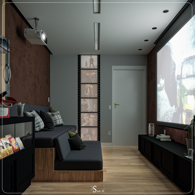 Maquete Eletrônica e Renderização de Arquitetura, Apartamento Condomínio Sala de TV Cinema em Casa por JS Studio 3D