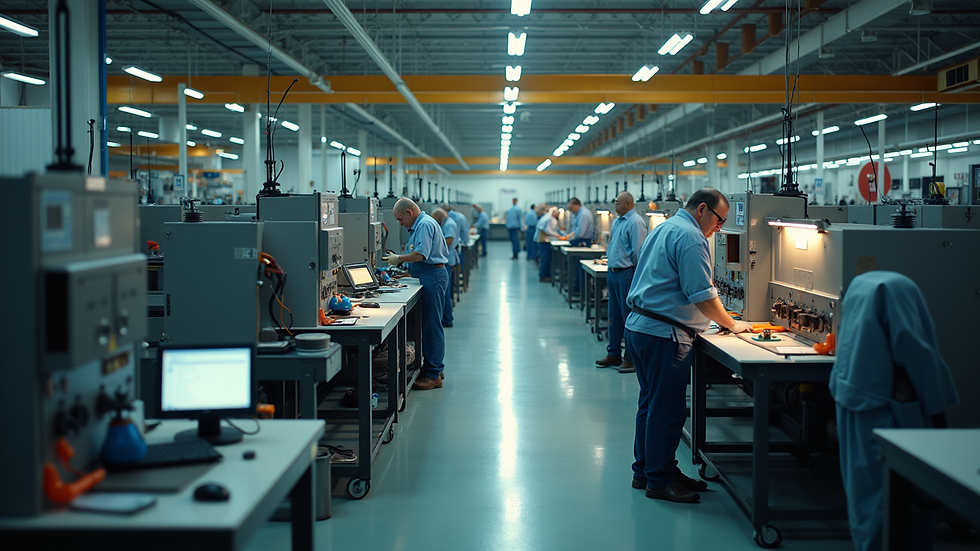 High angle view of a manufacturing floor with temporary workers operating machinery