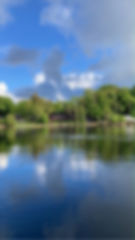 Lakeside chalets Lough Ree reflected in calm water