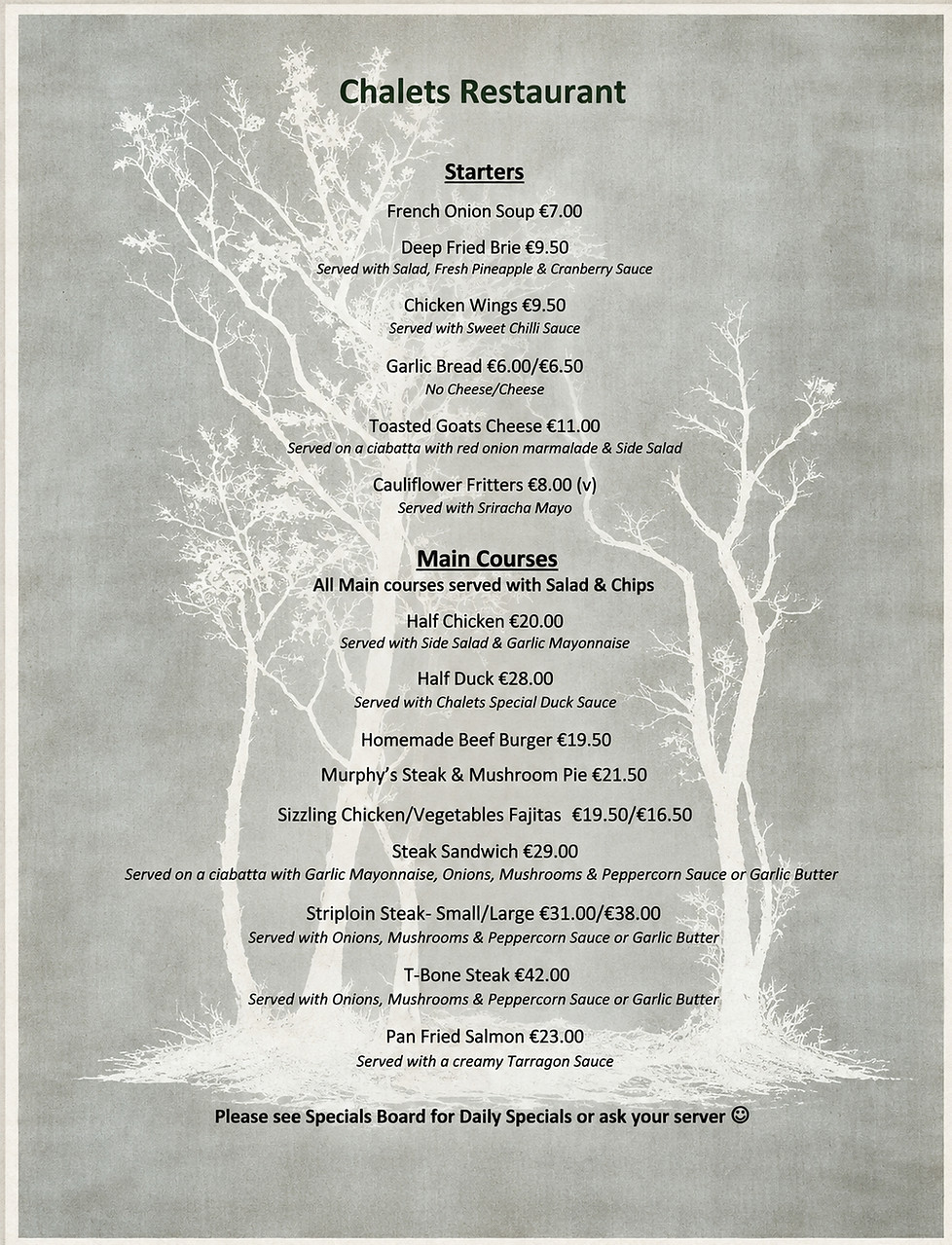 The Chalets Restaurant menu with starters and main courses