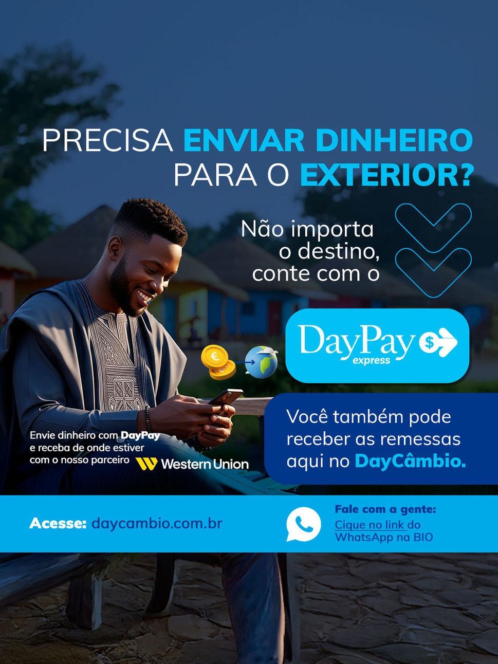 Peça de design digital desenvolvida para destacar a expansão das lojas próprias DayPay e DayCâmbio. Criação voltada à comunicação corporativa e institucional, com foco em reforçar a confiança, acessibilidade e presença da marca no mercado de câmbio.