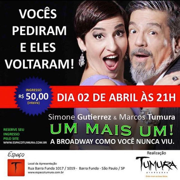 .Design de criação de postagem em rede social para divulgar o espetáculo de comédia musical Um para Um com Marcos Tumura e Simone Gutierrez