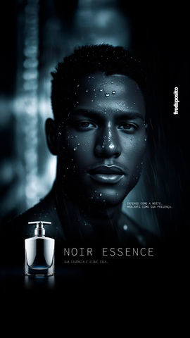 Homem negro com expressão intensa em close-up, com gotas d’água no rosto e ombros, em um ambiente escuro e elegante. Abaixo, frasco de perfume sofisticado em preto e prata com o nome “NOIR ESSENCE”. Composição visual dramática, com iluminação suave e tom premium. Campanha de perfume fictícia com direção de arte assinada por Fred Sposito.
