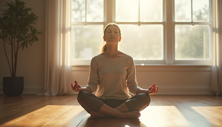 Eye-level view of a person sitting cross-legged on a wooden floor, gently breathing with eyes closed