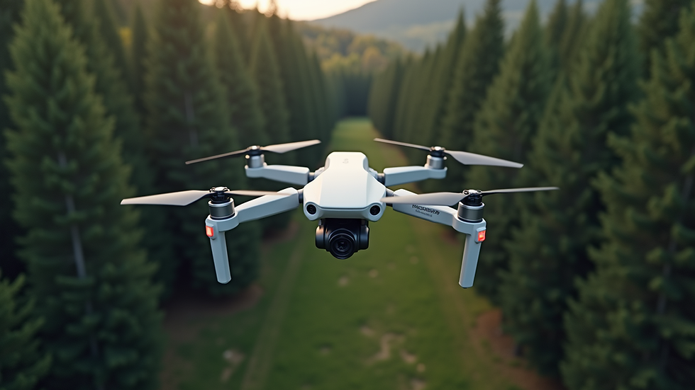 Wide angle view of a drone capturing aerial images of a forest