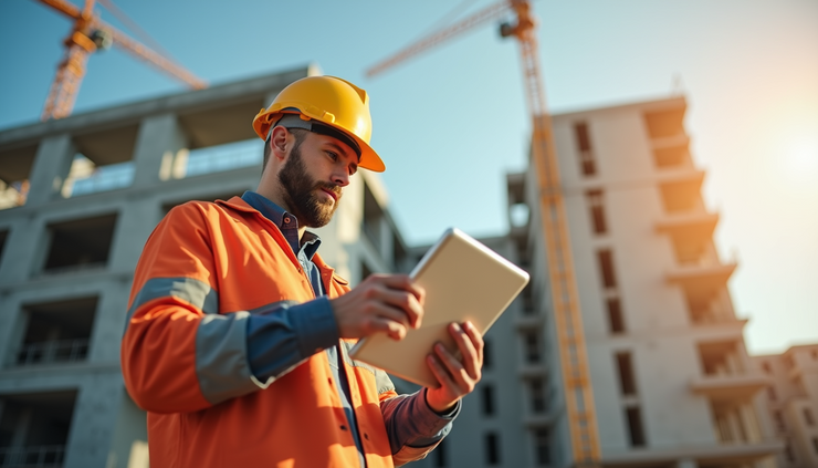 Close-up view of a construction worker using a tablet on site with building framework in the background
