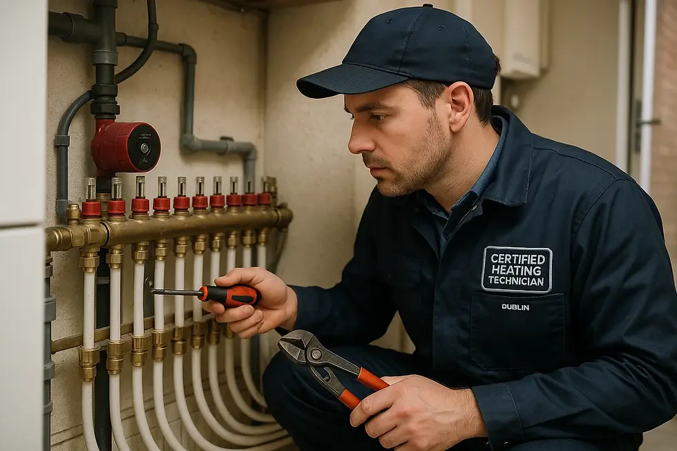 Technician inspecting underfloor heating manifold in a Dublin home.