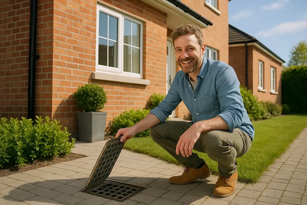 Homeowner inspecting outdoor drain cover to prevent rats entering through drainage system.
