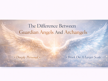 blog banner for the difference between guardian angels and archangels showing glowing angel wings with warm and cool light symbolising personal guardian angels and archangels guiding on a larger scale