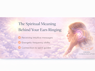 blog banner for the spiritual meaning behind your ears ringing showing a woman holding her ear with soft glowing energy rings symbolising intuitive messages and spiritual awareness