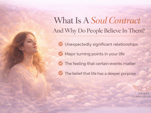 blog banner explaining the meaning of a soul contract showing a peaceful woman in glowing clouds with bullet points about relationships, life turning points, and deeper purpose