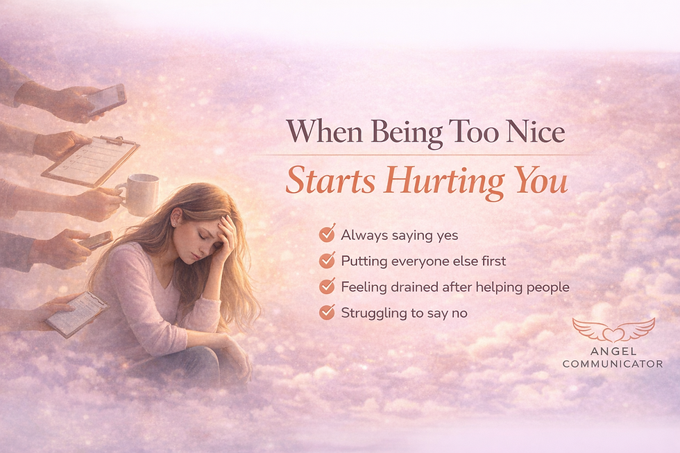 blog banner for when being too nice starts hurting you showing a woman feeling overwhelmed while multiple people reach toward her symbolising people pleasing, emotional exhaustion, and the need for healthy boundaries