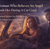 blog banner showing a woman driving moments before a crash while a mysterious calm presence appears beside her symbolising a possible guardian angel encounter