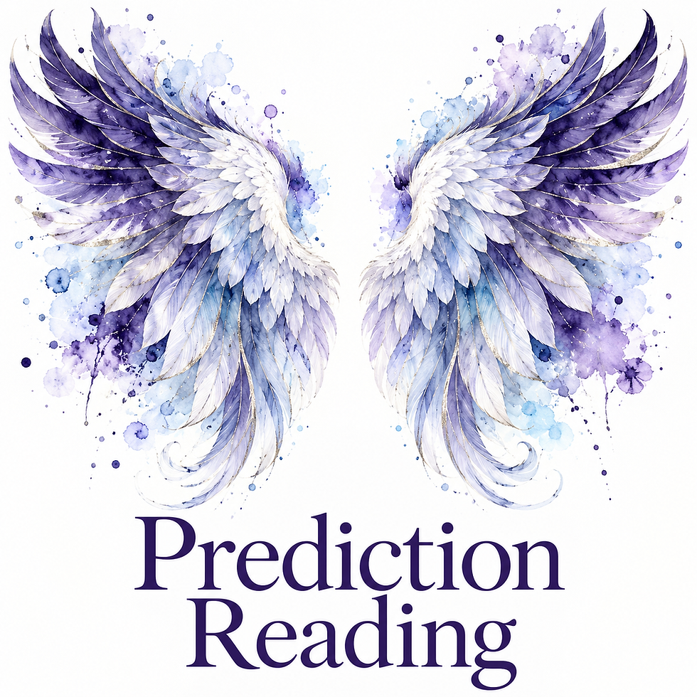 Purple watercolour angel wings with the words Prediction Reading