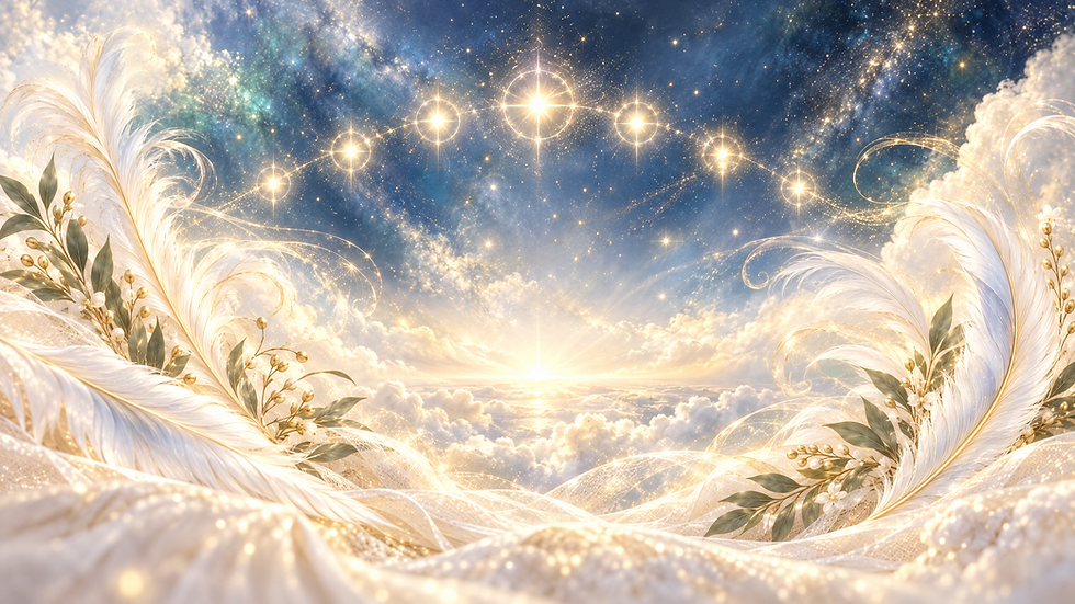 A starry sky over a row of glowing stars, soft white feathers and olive sprigs framing a sunrise above the clouds