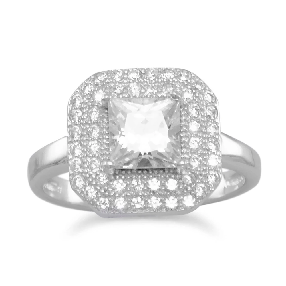 Sterling Rhodium Plated Ring with Square CZ