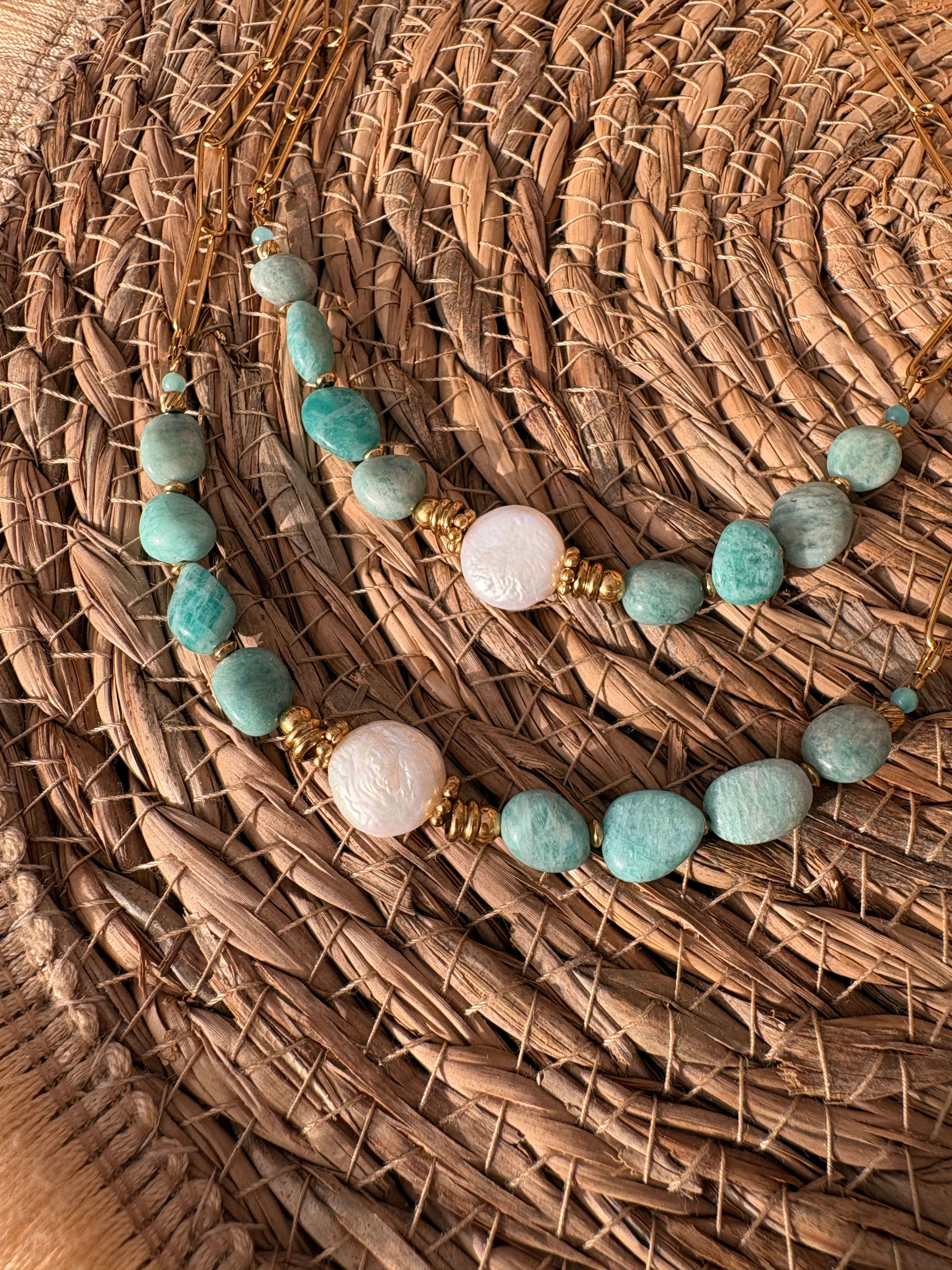 Lali Collier mixte chaîne Amazonites Perle d’eau douce