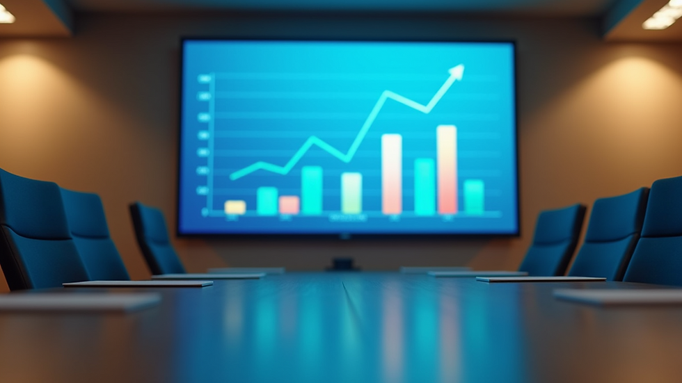 Eye-level view of a modern office meeting room with a digital screen displaying growth charts