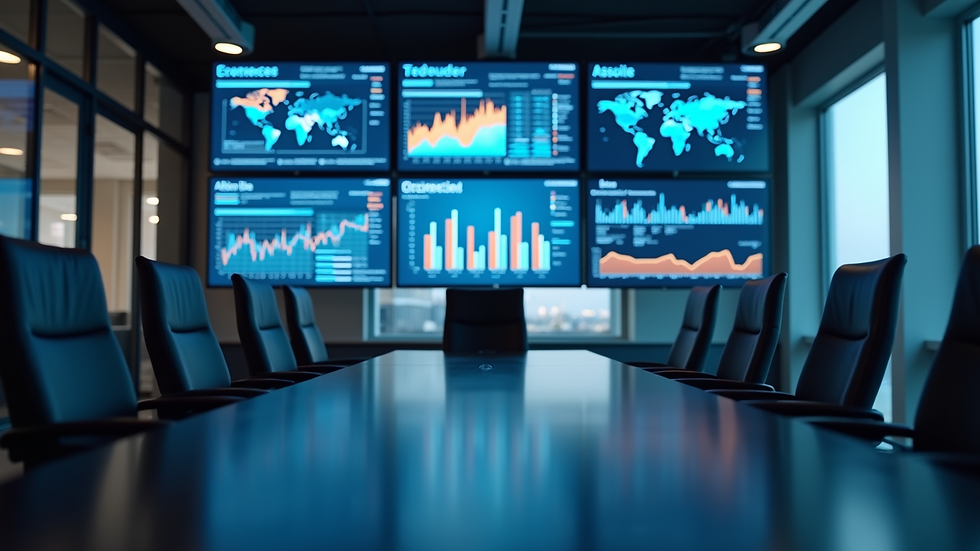 Eye-level view of a modern office conference room with digital screens displaying data analytics